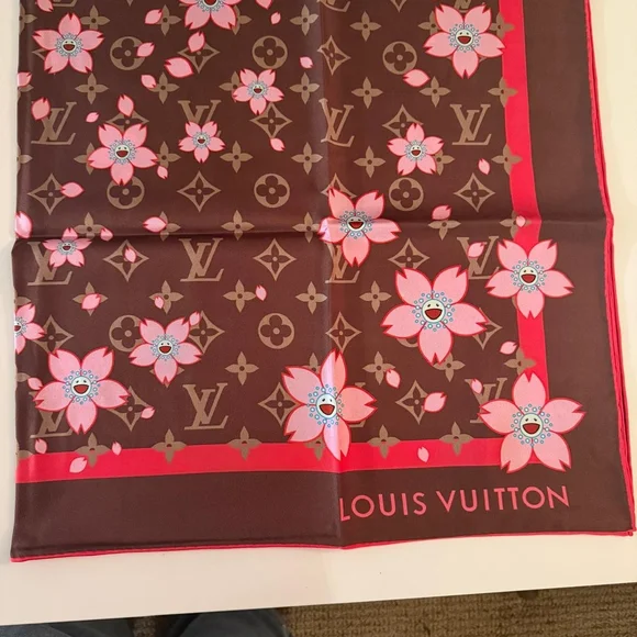 Louis Vuitton x Takashi Murakami Cherry Blossom Silk Scarf Brown Pink Monogram - Picture 7 of 8